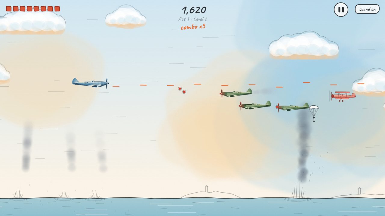 Planes falling in smoke over a calm blue coast