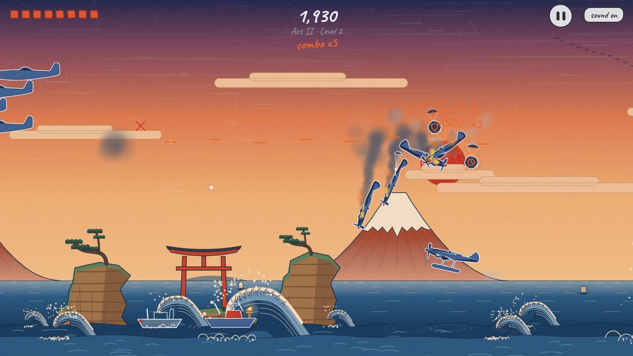A seaplane over Great Wave waves and Mount Fuji