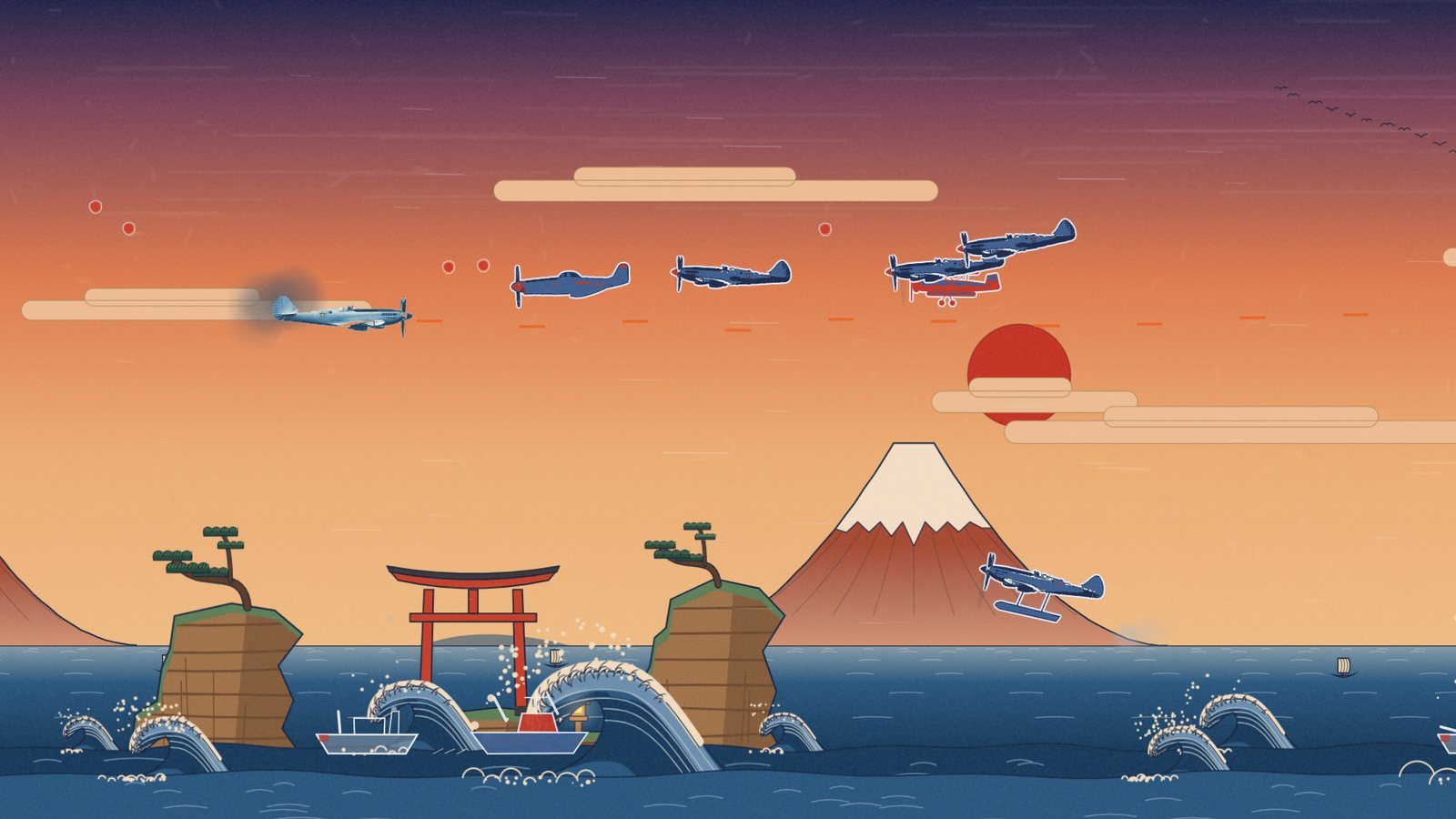 A blue fighter plane over a Great Wave sea, Mount Fuji and a red gate at dusk