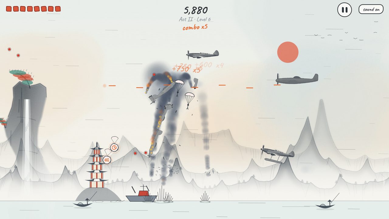 Enemy planes over grey ink-wash mountains